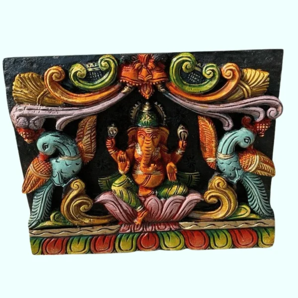 Ganapathy carving with Pair of Parrots Wood Wall Panel